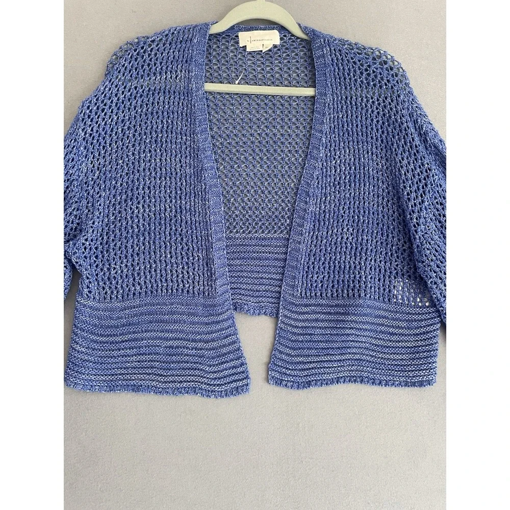 Anthropologie Women One Size Open Knit Cardigan Bell Sleeve Cropped Blue Hippie‎